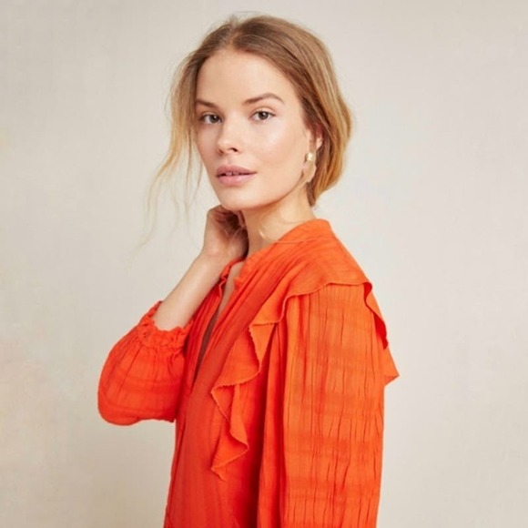 Anthropologie Amadi Rossi Dress Size Large Red Orange Ruffles Gauzy‎ Lightweight - Picture 3 of 16